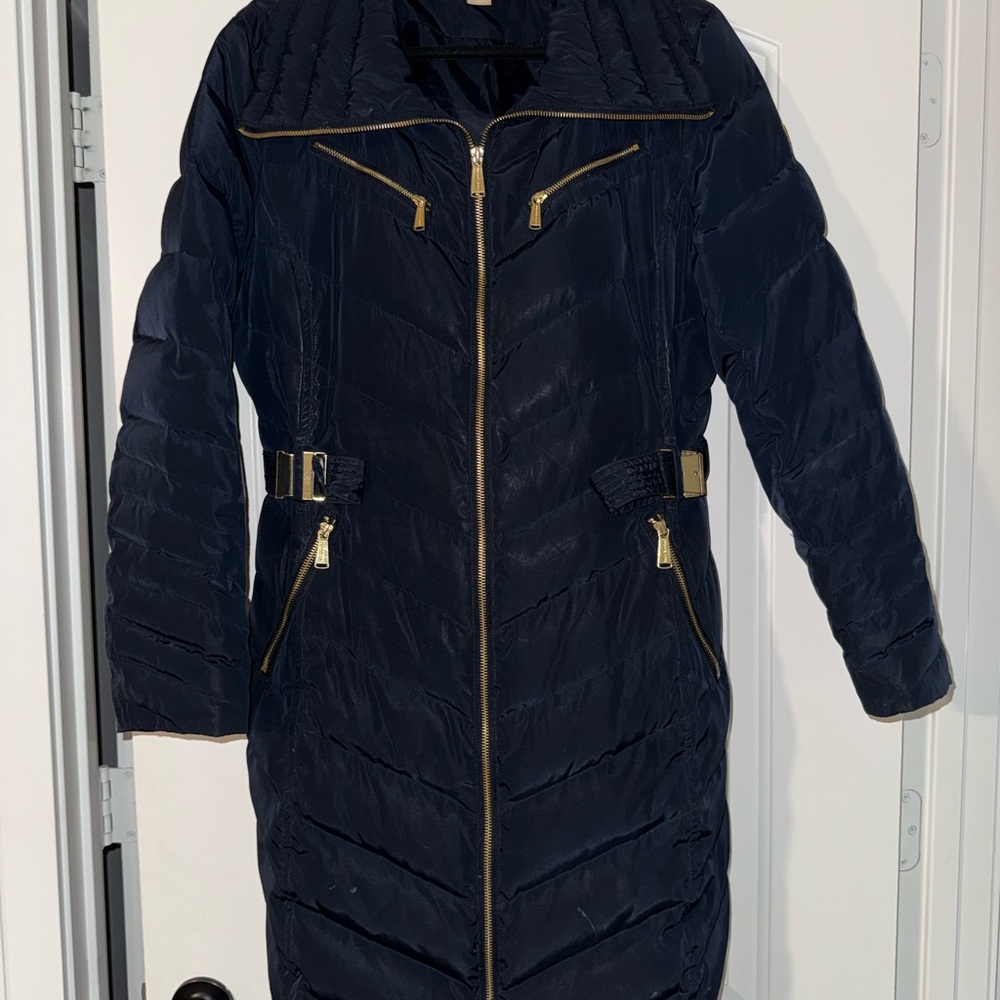 Michael Kors Women's Navy Quilted Coat with Gold Accents